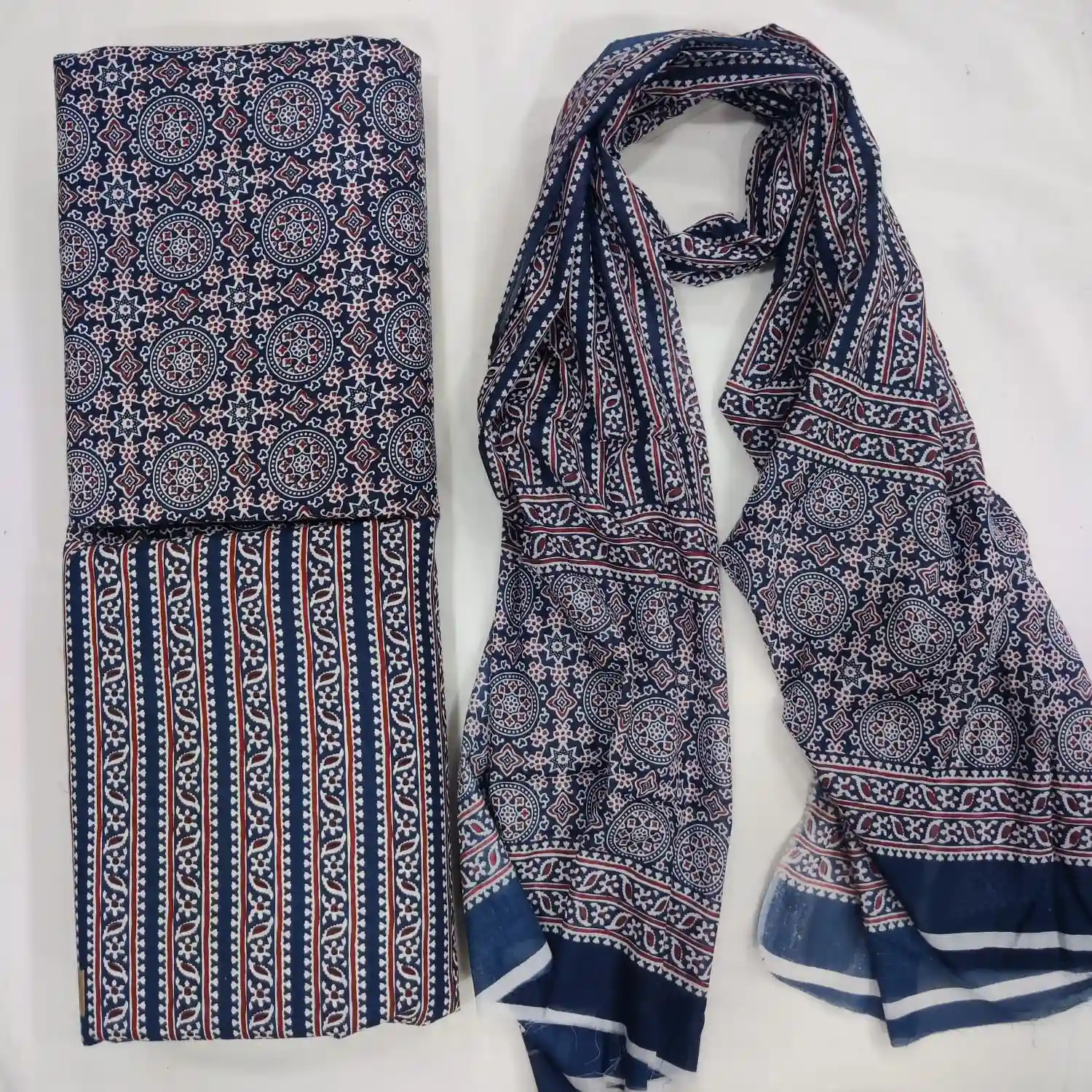 AJR3-004 - Ajrakh Print Cotton Fabric 3-Piece Set | 100% Pure Cotton Fabric Jaipur - Inkdrip