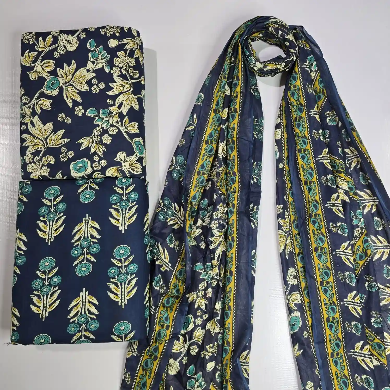BAG3-003 - Bagru Print Cotton Fabric 3-Piece Set | 100% Pure Cotton Fabric Jaipur - Inkdrip