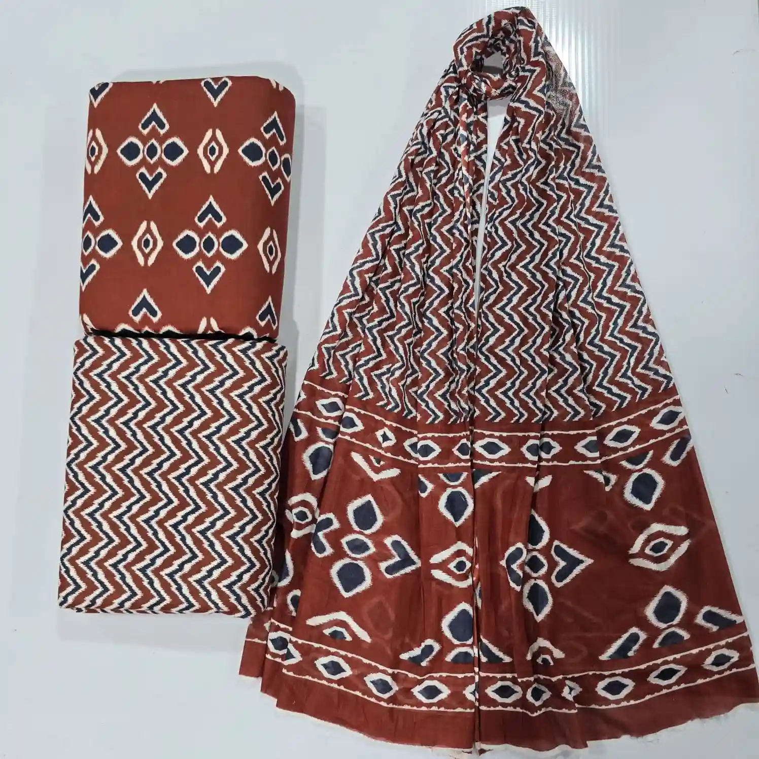 BAG3-004 - Bagru Print Cotton Fabric 3-Piece Set | 100% Pure Cotton Fabric Jaipur - Inkdrip