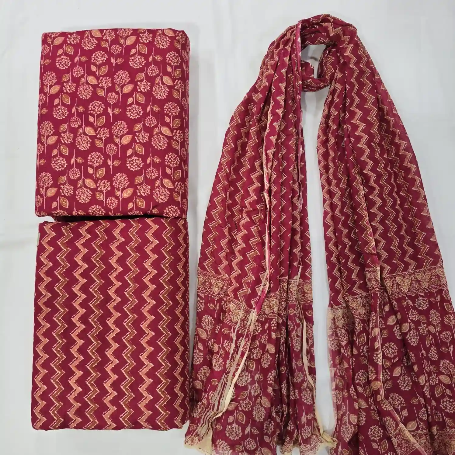 BAG3-005 - Bagru Print Cotton Fabric 3-Piece Set | 100% Pure Cotton Fabric Jaipur - Inkdrip