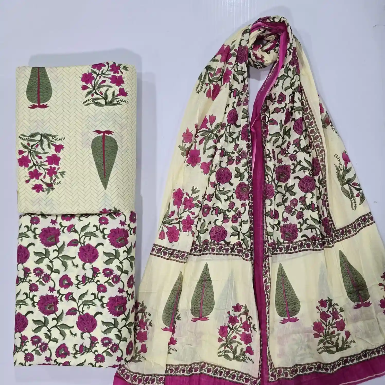 FLO3-002 - Floral Print Cotton Fabric 3-Piece Set | 100% Pure Cotton Fabric Jaipur - Inkdrip