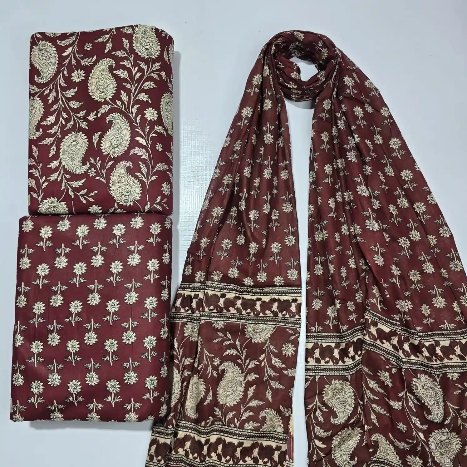KAL3-002 - Kalamkari Print Cotton Fabric 3-Piece Set | 100% Pure Cotton Fabric Jaipur - Inkdrip