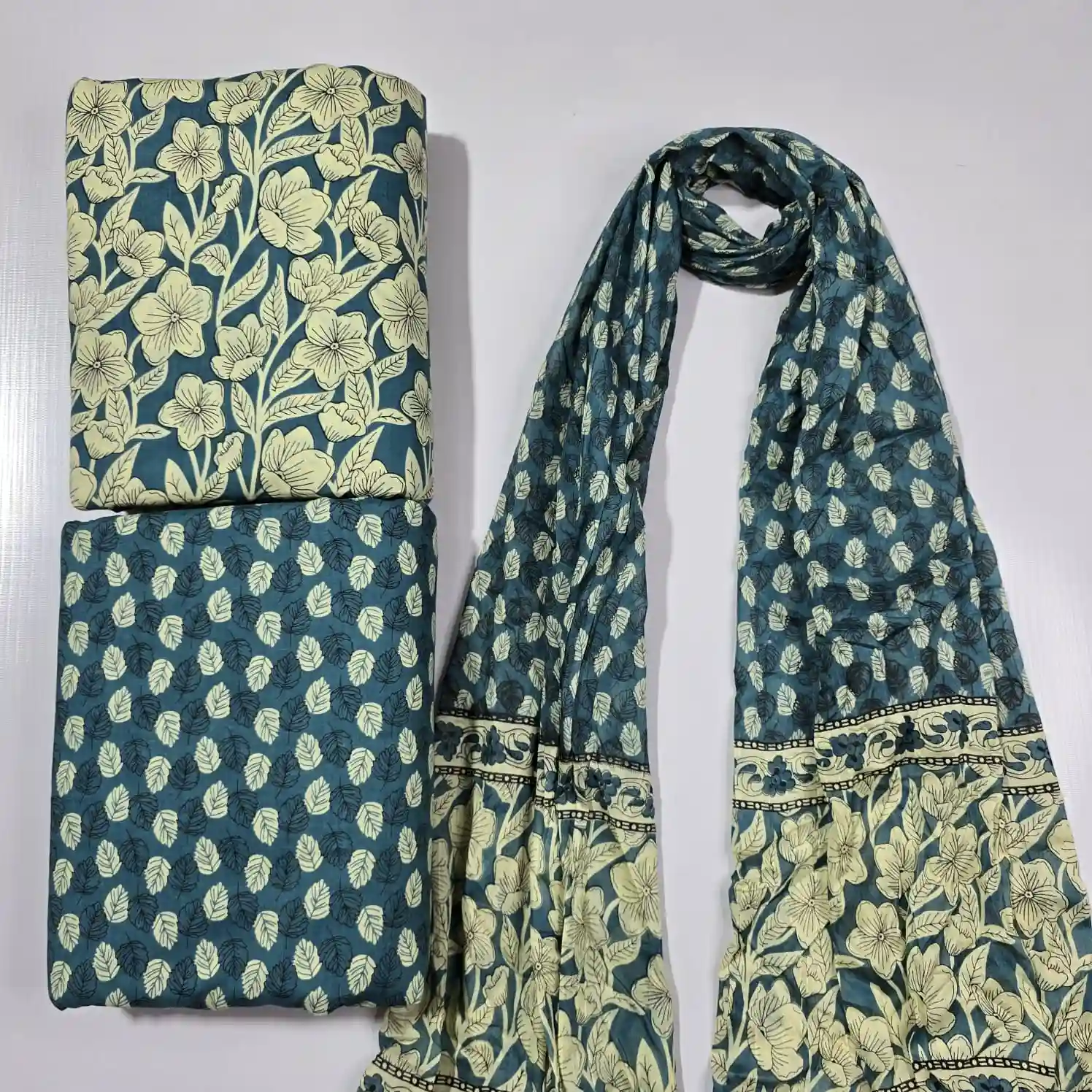 SAN3-001 - Sanganeri Print Cotton Fabric 3-Piece Set | 100% Pure Cotton Fabric Jaipur - Inkdrip