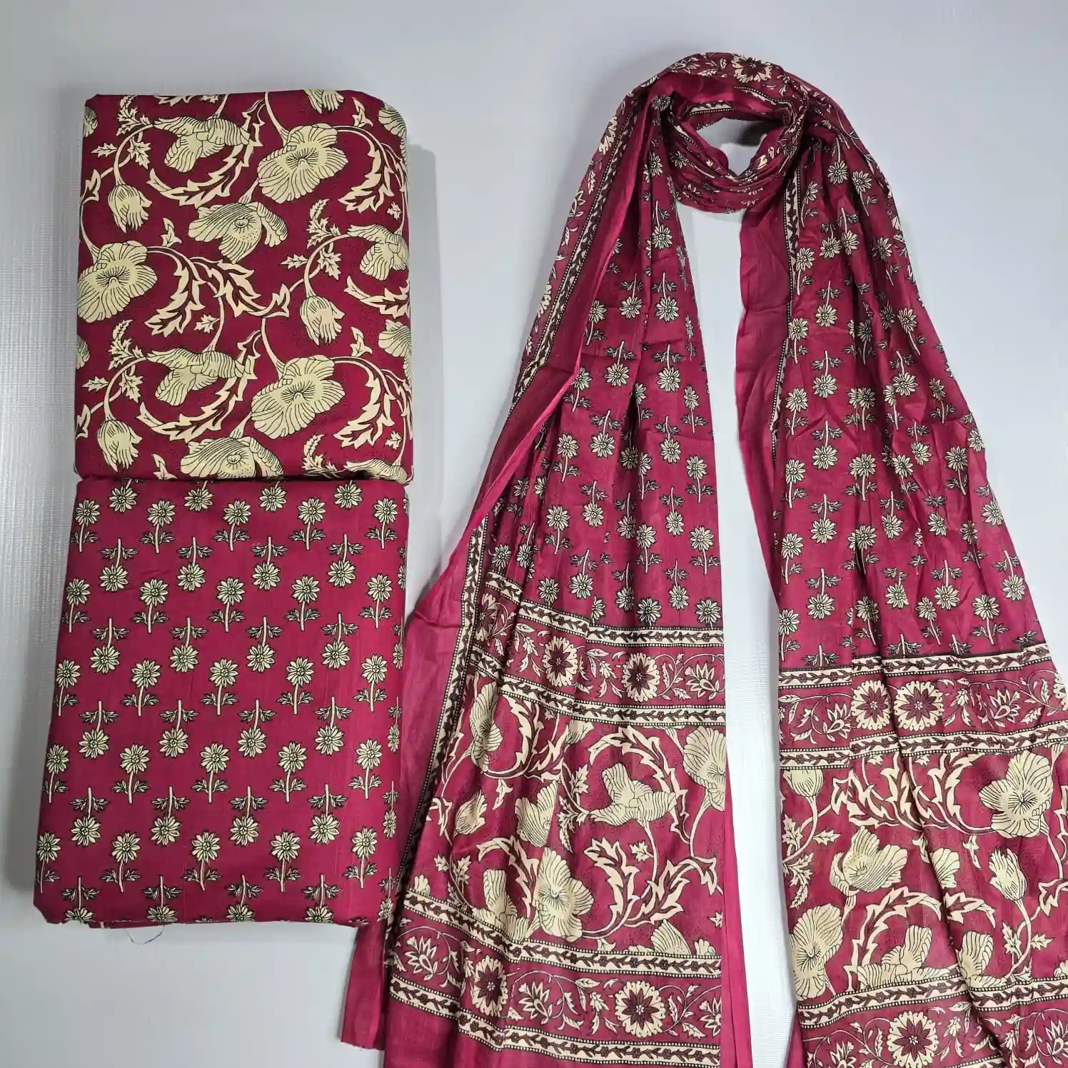 SAN3-002 - Sanganeri Print Cotton Fabric 3-Piece Set | 100% Pure Cotton Fabric Jaipur - Inkdrip