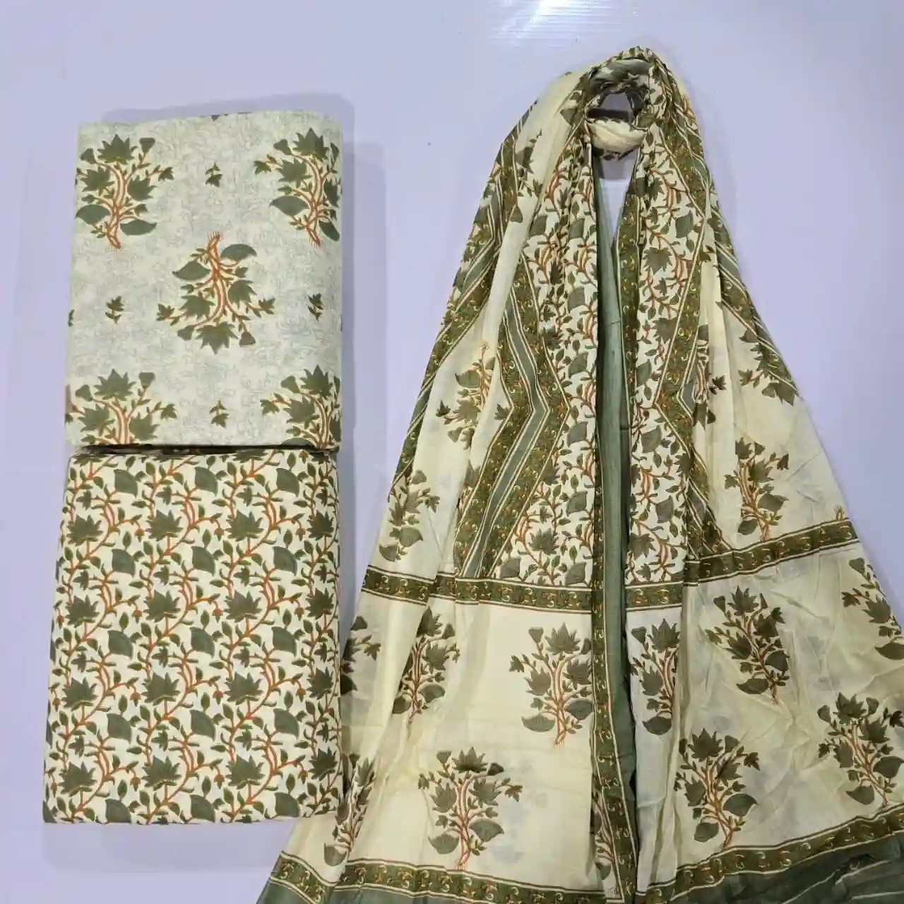 SAN3-004 - Sanganeri Print Cotton Fabric 3-Piece Set | 100% Pure Cotton Fabric Jaipur - Inkdrip