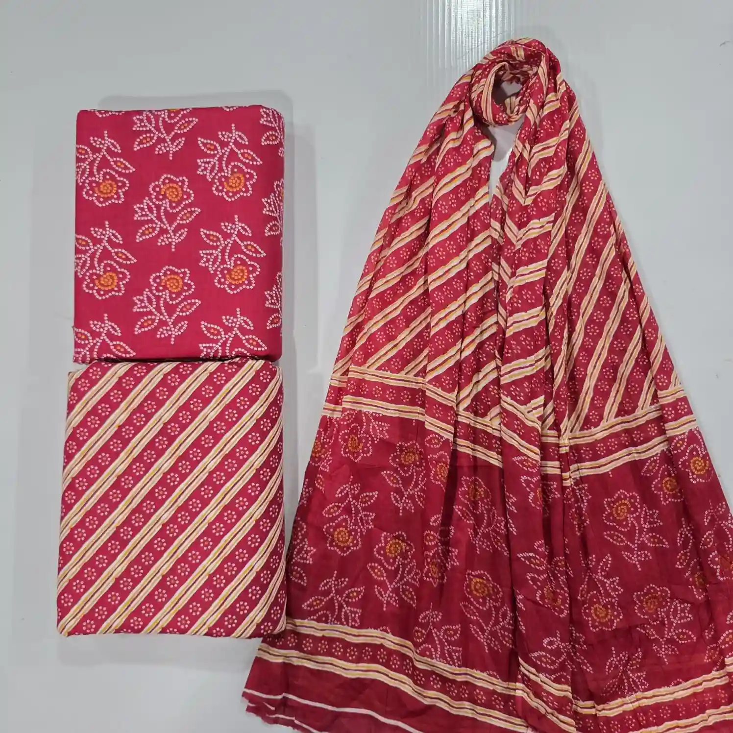 SAN3-005 - Sanganeri Print Cotton Fabric 3-Piece Set | 100% Pure Cotton Fabric Jaipur - Inkdrip