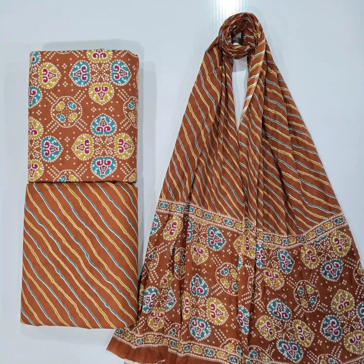 SAN3-006 - Sanganeri Print Cotton Fabric 3-Piece Set | 100% Pure Cotton Fabric Jaipur - Inkdrip